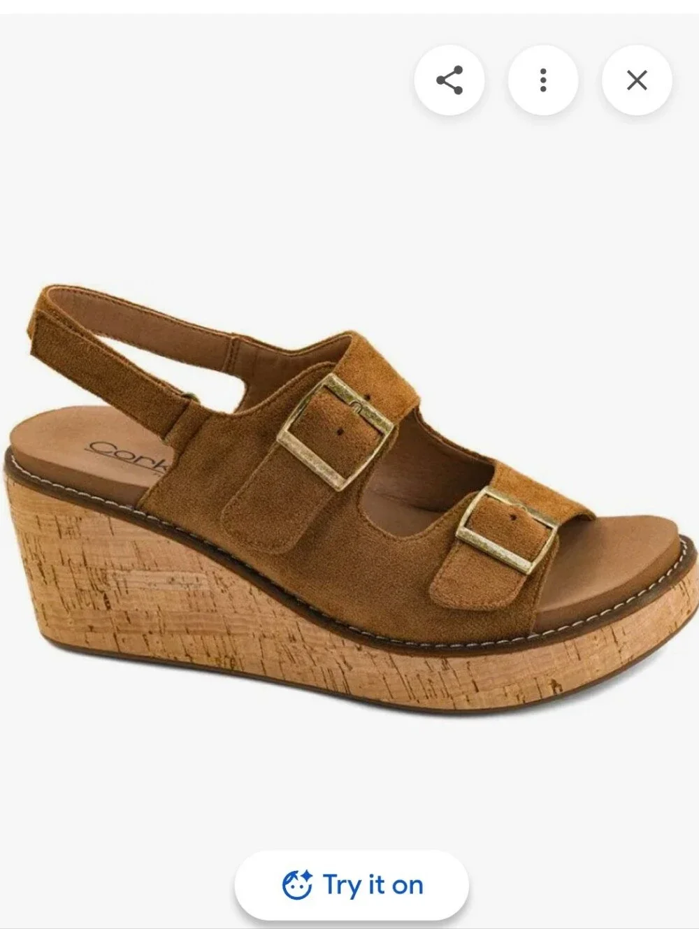 Corkys My 2 Cents Brown Tobacco Suede Cork Wedge Sandals with Buckles